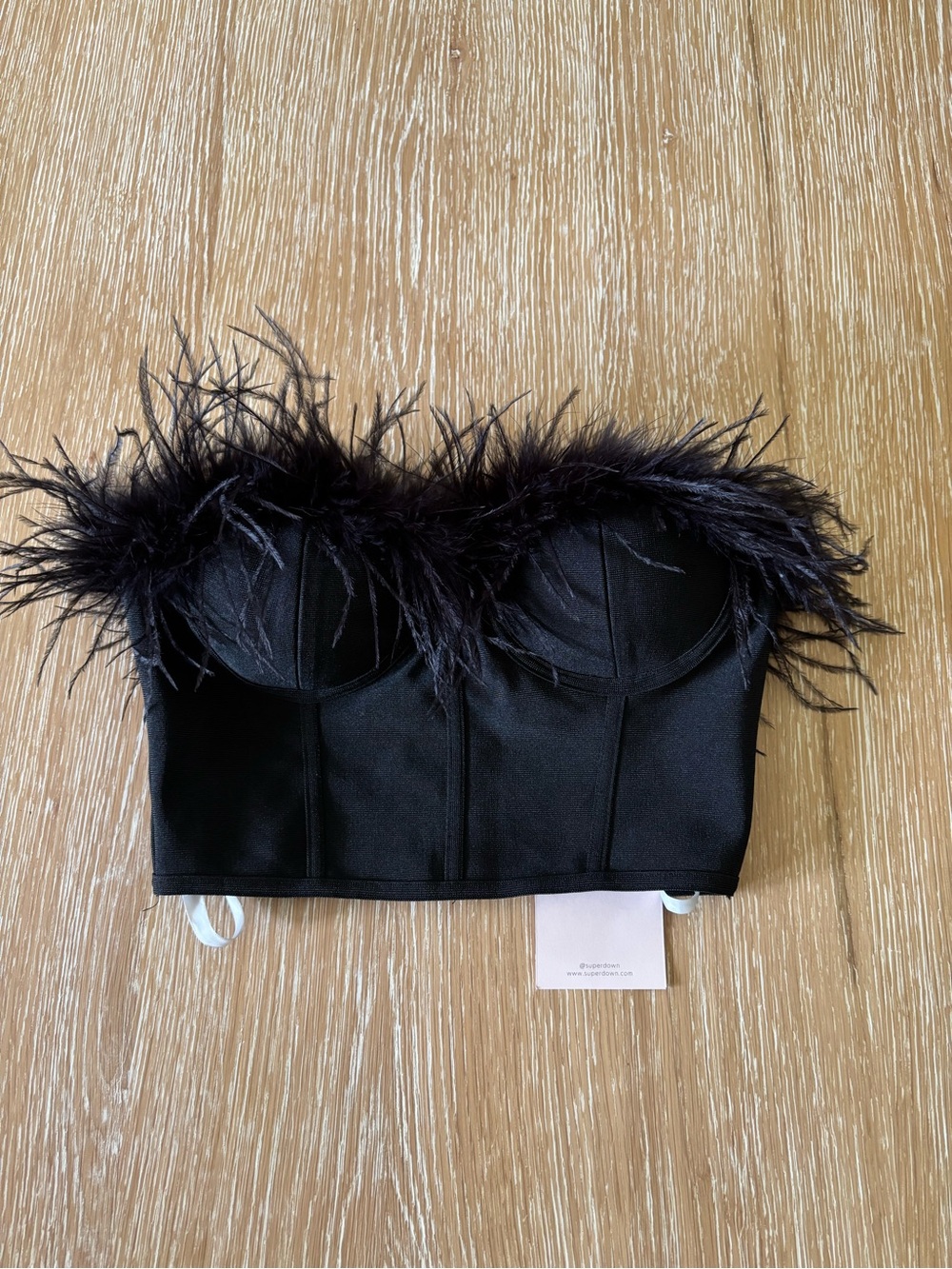 NWT REVOLVE superdown Black Feather-Trim Bandeau Bustier